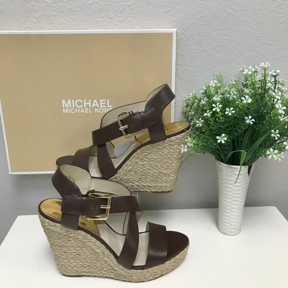 Michael Kors Giovanna Brown Leather Platform Espadrille Wedge - New - Size 9 - Picture 1 of 2